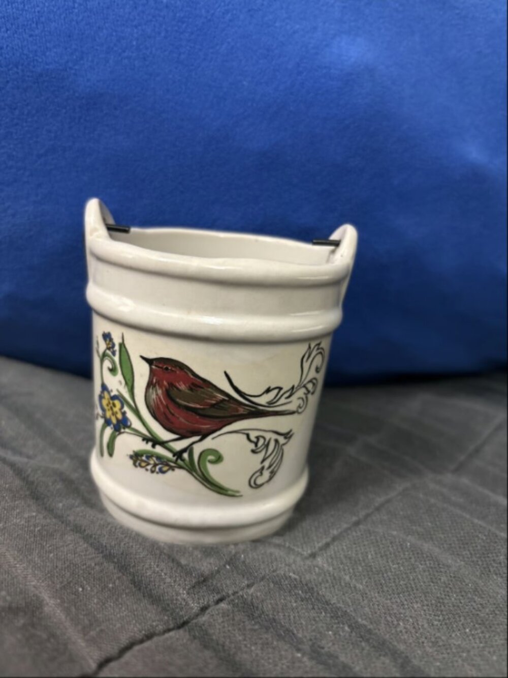 3in Ceramic Bucket with Metal Handle Planter Bird And Flowers